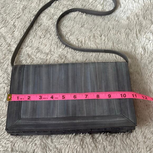 Gorgeous Vintage Eel Leather Muted Gray Blue Rectangle Shoulder Bag Classic - Picture 5 of 7